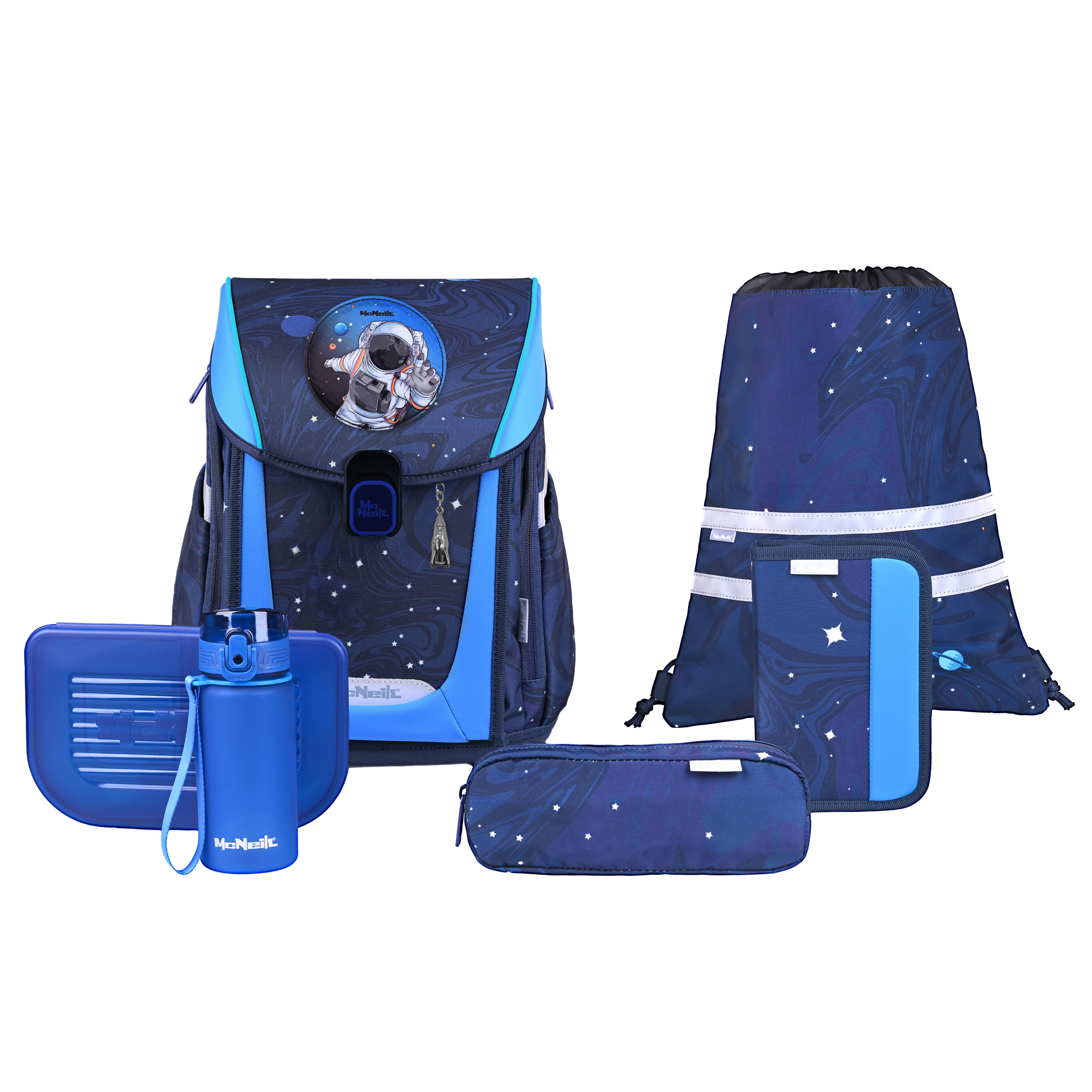 McNeill Primo Space Schulranzen – 9-teiliges Set mit Brotdose, Trinkflasche & zwei McAddys – Bild 2