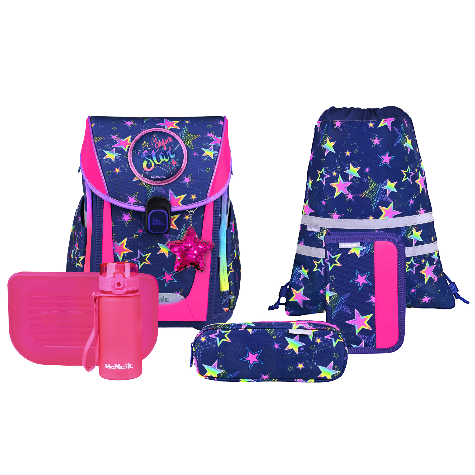 McNeill Primo Stars Schulranzen – 9-teiliges Set mit Brotdose, Trinkflasche & zwei McAddys – Bild 2